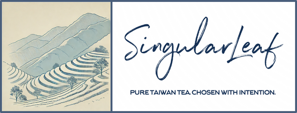 Singular Leaf logo with a scenic illustration of terraced fields and mountains.