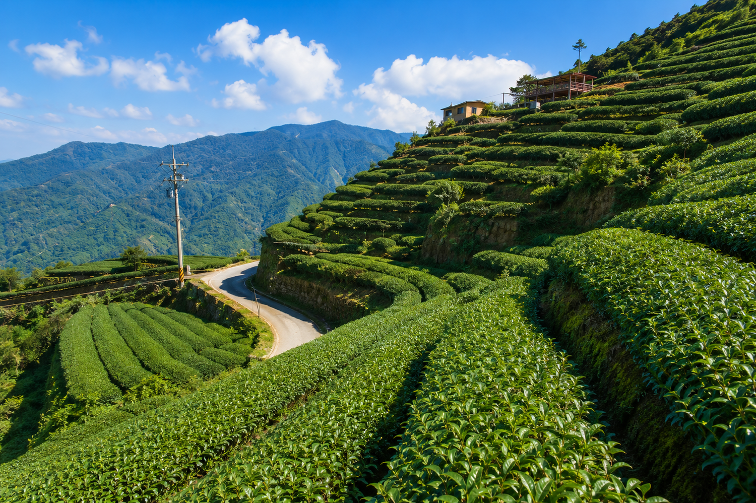 Terraced tea gardens on the slopes of Alishan Mountain, one of Taiwan's most renowned high-mountain tea regions.