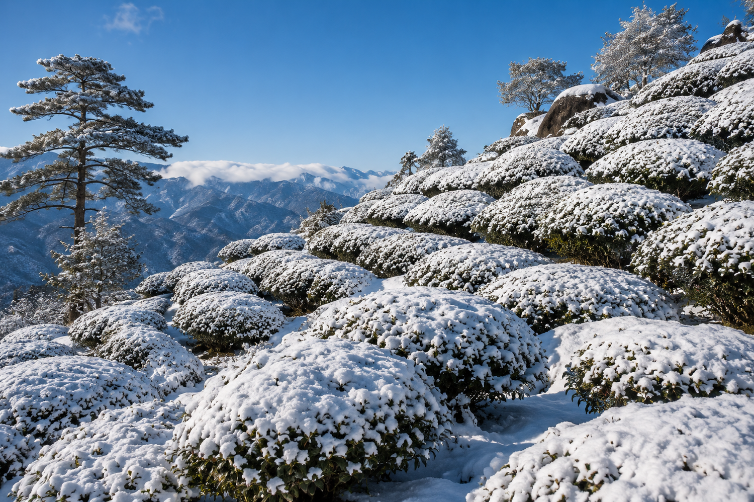 Snow-covered tea bushes on Snow Mountain, one of Taiwan's highest and most prestigious tea-growing regions.